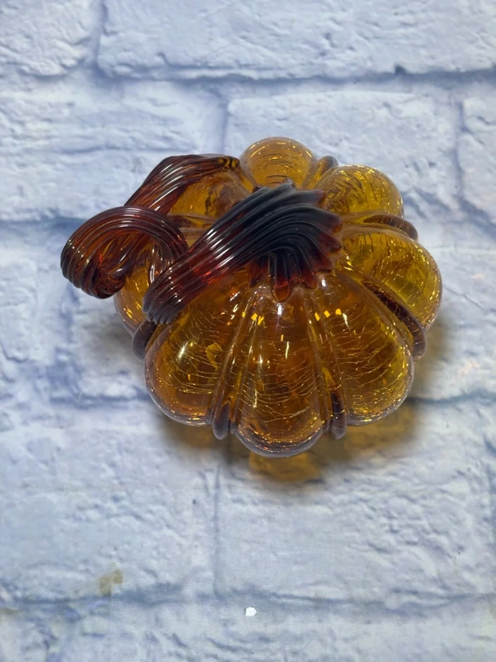 Glass Amber Pumpkin Hand Blown Crackle Finish Thanksgiving Curly Steam Pier One